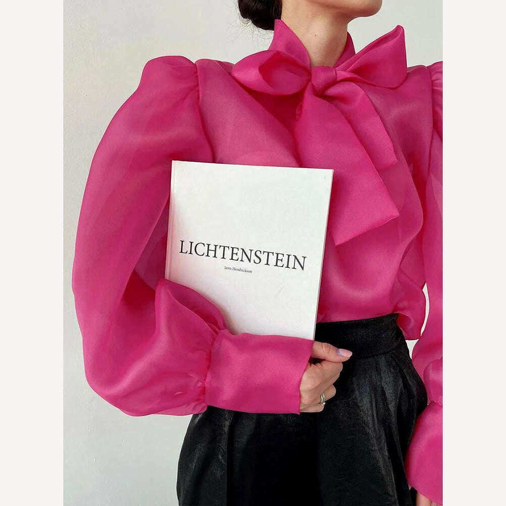 Perspective Mesh Shirts Women Elegant Puff Sleeve Bow Lace Up Blouses Office Ladies Fashion Solid Color Casual Loose Sexy Blouse - Image 11