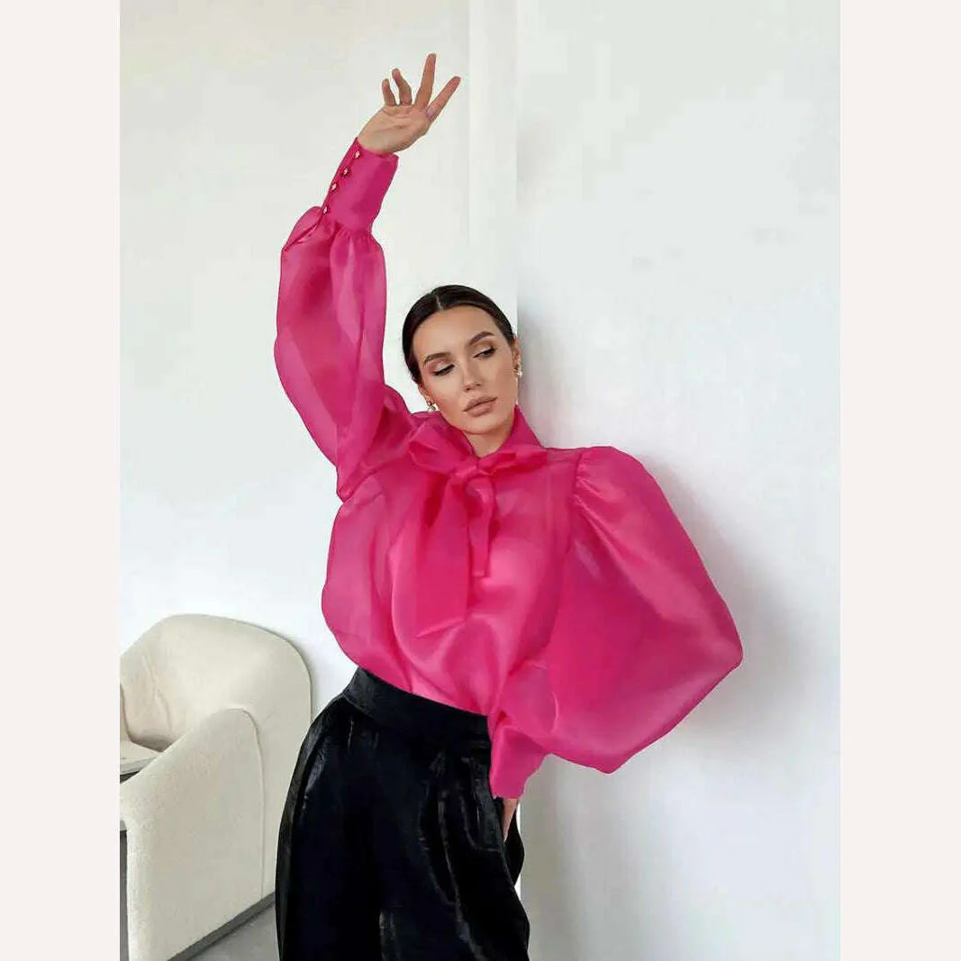 Perspective Mesh Shirts Women Elegant Puff Sleeve Bow Lace Up Blouses Office Ladies Fashion Solid Color Casual Loose Sexy Blouse - Image 12