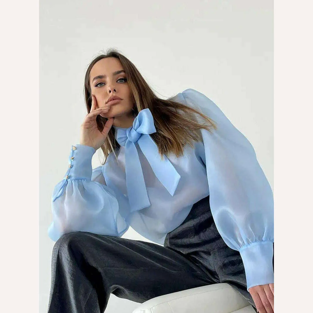Perspective Mesh Shirts Women Elegant Puff Sleeve Bow Lace Up Blouses Office Ladies Fashion Solid Color Casual Loose Sexy Blouse - Image 13
