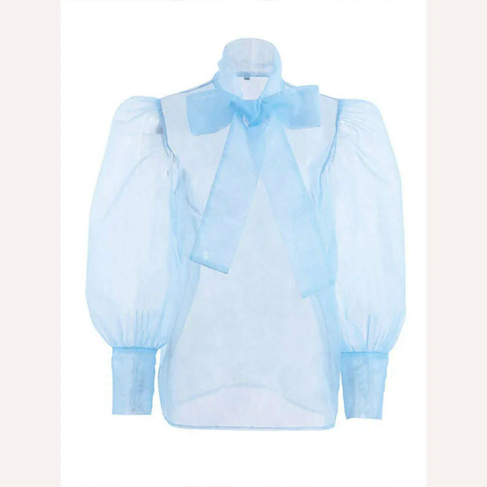 Perspective Mesh Shirts Women Elegant Puff Sleeve Bow Lace Up Blouses Office Ladies Fashion Solid Color Casual Loose Sexy Blouse - Image 14