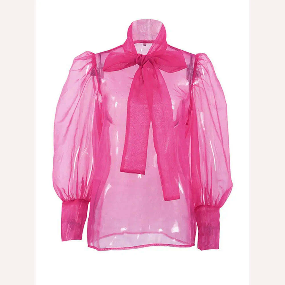 Perspective Mesh Shirts Women Elegant Puff Sleeve Bow Lace Up Blouses Office Ladies Fashion Solid Color Casual Loose Sexy Blouse - Image 15
