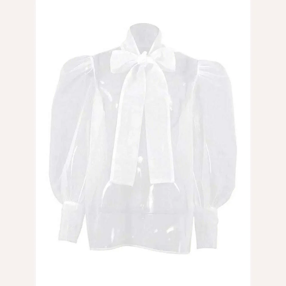 Perspective Mesh Shirts Women Elegant Puff Sleeve Bow Lace Up Blouses Office Ladies Fashion Solid Color Casual Loose Sexy Blouse - Image 16