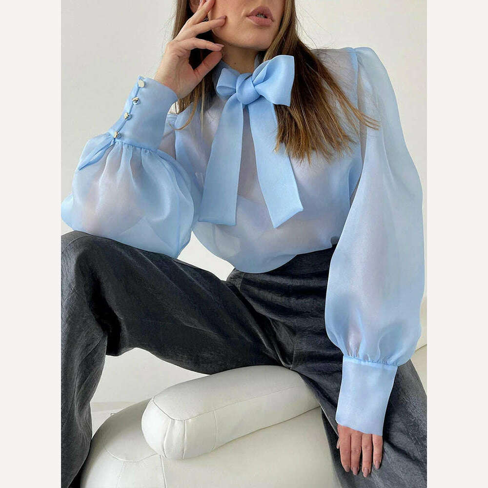 Perspective Mesh Shirts Women Elegant Puff Sleeve Bow Lace Up Blouses Office Ladies Fashion Solid Color Casual Loose Sexy Blouse - Image 3