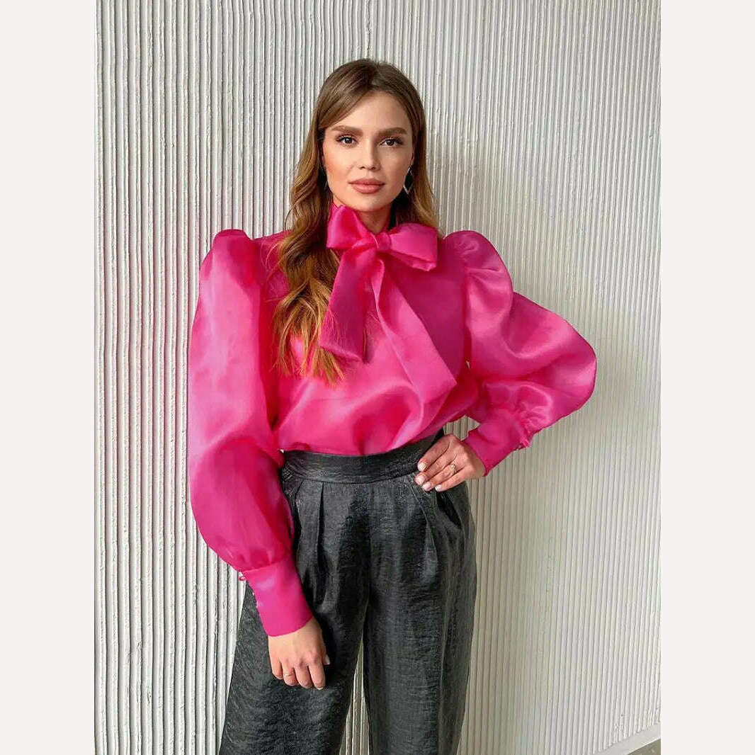 Perspective Mesh Shirts Women Elegant Puff Sleeve Bow Lace Up Blouses Office Ladies Fashion Solid Color Casual Loose Sexy Blouse - Image 7