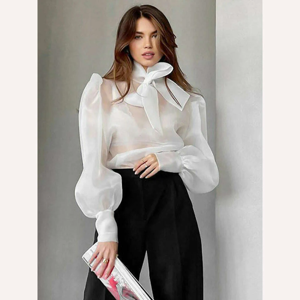 Perspective Mesh Shirts Women Elegant Puff Sleeve Bow Lace Up Blouses Office Ladies Fashion Solid Color Casual Loose Sexy Blouse - Image 8