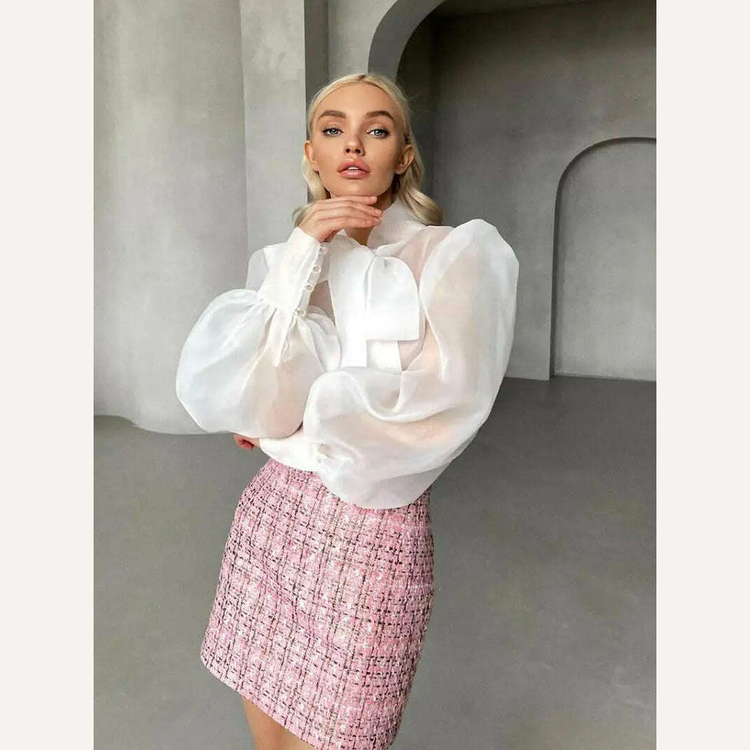Perspective Mesh Shirts Women Elegant Puff Sleeve Bow Lace Up Blouses Office Ladies Fashion Solid Color Casual Loose Sexy Blouse - Image 9