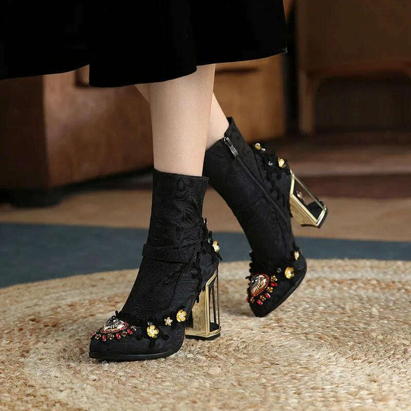Phoentin Ethnic style embroidered short boots Women's Crystal Ankle boot Autumn winter luxury High Heels Shoes size 43 FT1671 - Image 3