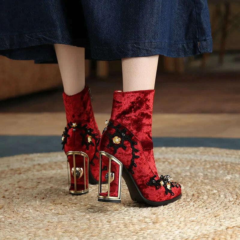 Phoentin Ethnic style embroidered short boots Women's Crystal Ankle boot Autumn winter luxury High Heels Shoes size 43 FT1671 - Image 4