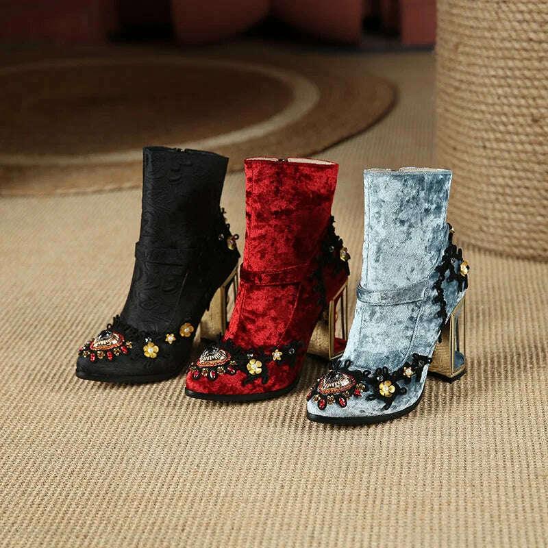 Phoentin Ethnic style embroidered short boots Women's Crystal Ankle boot Autumn winter luxury High Heels Shoes size 43 FT1671 - Image 5