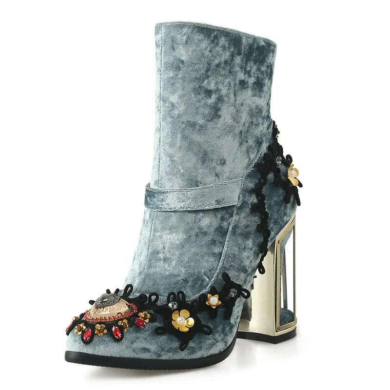 Phoentin Ethnic style embroidered short boots Women's Crystal Ankle boot Autumn winter luxury High Heels Shoes size 43 FT1671 - Image 7