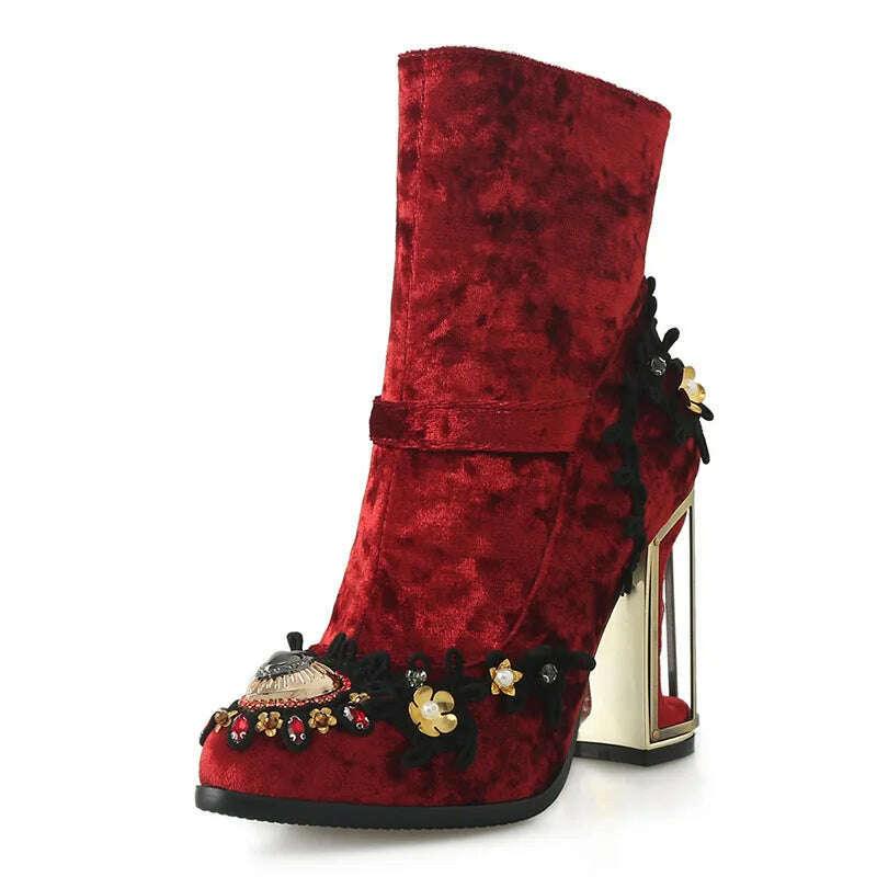 Phoentin Ethnic style embroidered short boots Women's Crystal Ankle boot Autumn winter luxury High Heels Shoes size 43 FT1671 - Image 8