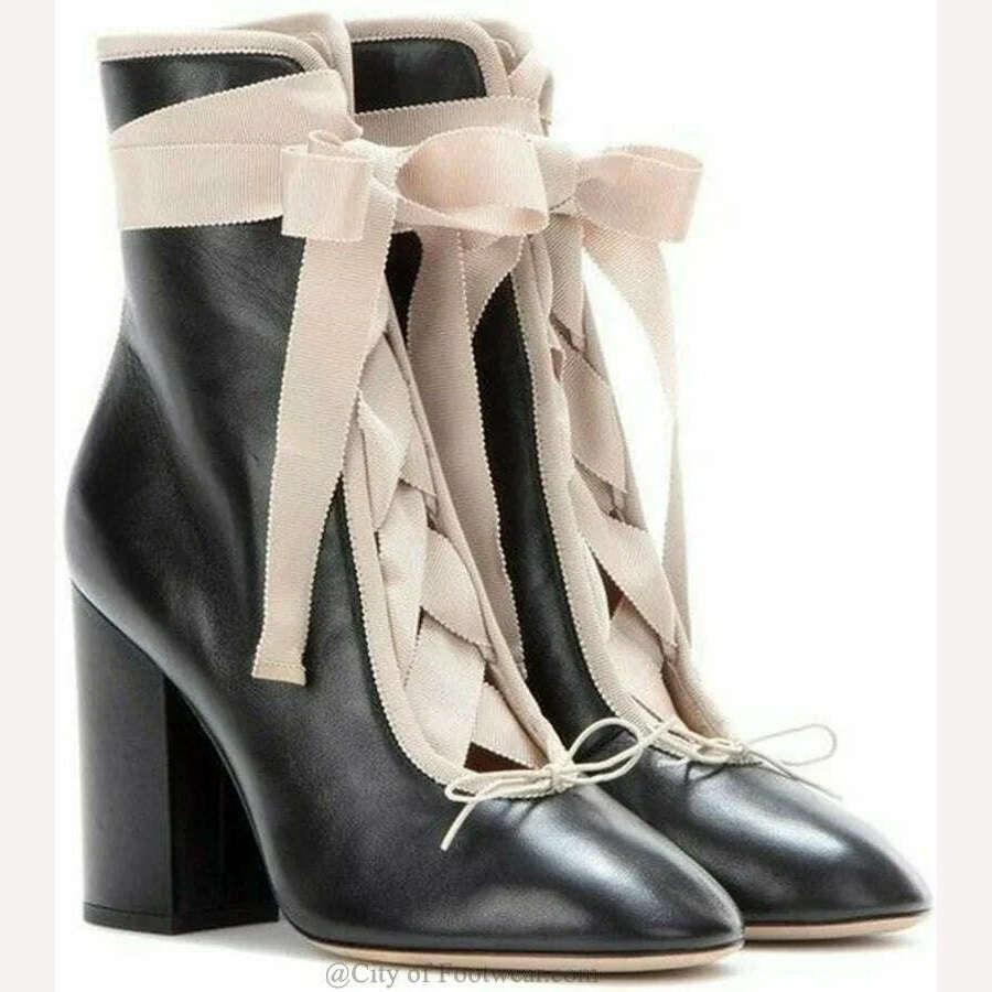 Pink Lace Up Block Heel Ankle Boots Women Bow Tie Round Toe Black Leather High Heels Booties Big Size Shoes - Image 3