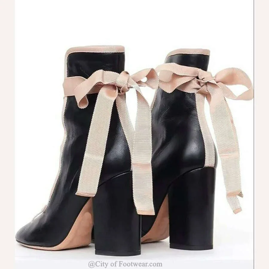 Pink Lace Up Block Heel Ankle Boots Women Bow Tie Round Toe Black Leather High Heels Booties Big Size Shoes - Image 4