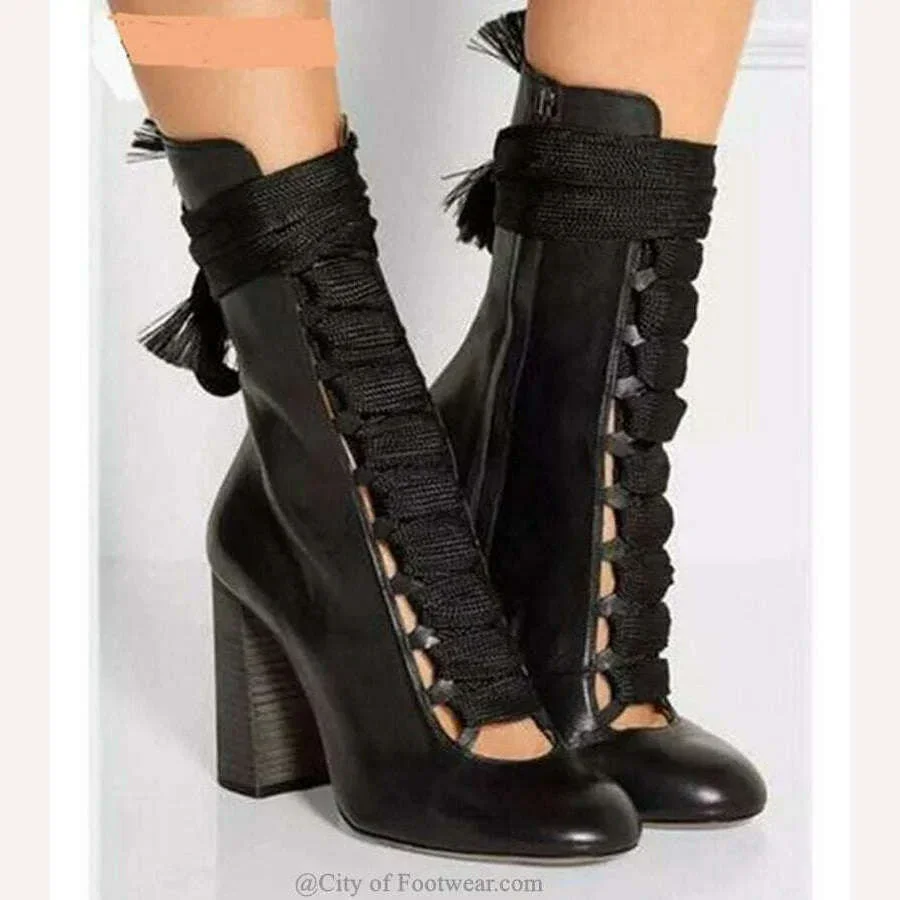 Pink Lace Up Block Heel Ankle Boots Women Bow Tie Round Toe Black Leather High Heels Booties Big Size Shoes - Image 5