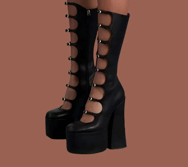 Pink Satin Hollow Belt Buckle Platform Lolita Boots Woman Princess Black Lace Satin Chunky Heel Knee Booties Bright Leather Shoe - Image 3