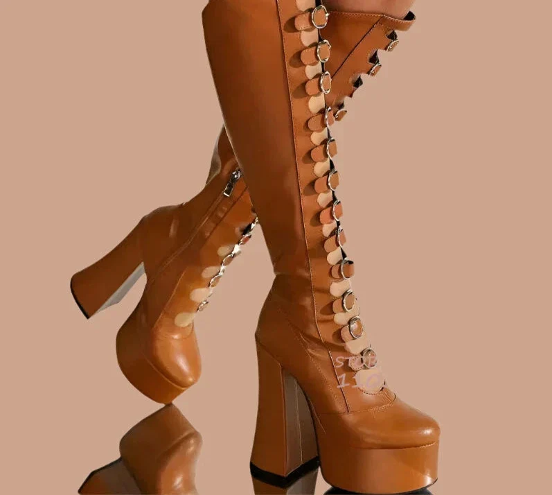 Pink Satin Hollow Belt Buckle Platform Lolita Boots Woman Princess Black Lace Satin Chunky Heel Knee Booties Bright Leather Shoe - Image 5