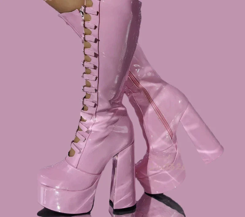 Pink Satin Hollow Belt Buckle Platform Lolita Boots Woman Princess Black Lace Satin Chunky Heel Knee Booties Bright Leather Shoe - Image 6