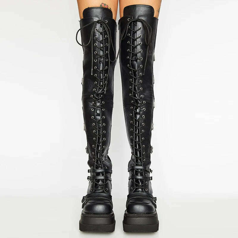 Punk Over-the-knee Boots Women Platform Heels Belt Buckle  Boot Motorcycle Goth Shoe Thigh High Flat Boots Plus Size 42 43 - Image 3