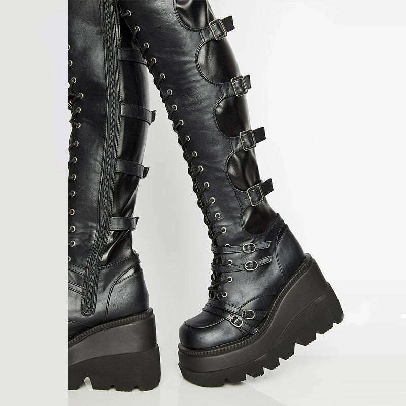 Punk Over-the-knee Boots Women Platform Heels Belt Buckle  Boot Motorcycle Goth Shoe Thigh High Flat Boots Plus Size 42 43 - Image 4