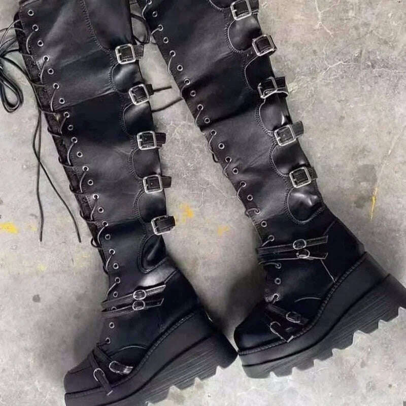 Punk Over-the-knee Boots Women Platform Heels Belt Buckle  Boot Motorcycle Goth Shoe Thigh High Flat Boots Plus Size 42 43 - Image 5