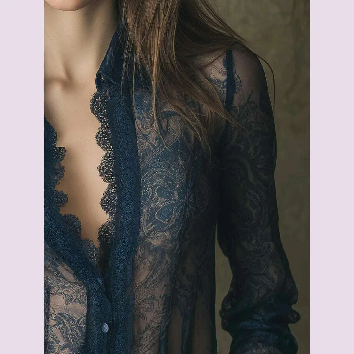 Romantic Paisley Print Lace Trim Sheer Shirt Sexy Single Button Long Sleeve Turn Down Collar Mesh Blouse Shirt Tops 2025 - Image 5