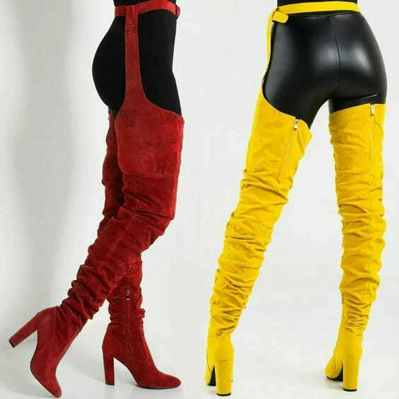 Sestito Women Sexy Side Zipper Thigh High Boots Female Belt Trousers Boots Ladies Flock Pointed Toe Suqare High Heels Boots - Image 10