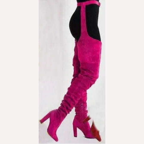 Sestito Women Sexy Side Zipper Thigh High Boots Female Belt Trousers Boots Ladies Flock Pointed Toe Suqare High Heels Boots - Image 3
