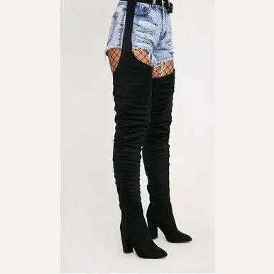Sestito Women Sexy Side Zipper Thigh High Boots Female Belt Trousers Boots Ladies Flock Pointed Toe Suqare High Heels Boots - Image 4