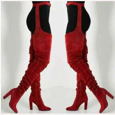 Sestito Women Sexy Side Zipper Thigh High Boots Female Belt Trousers Boots Ladies Flock Pointed Toe Suqare High Heels Boots - Image 5