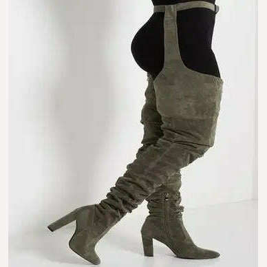 Sestito Women Sexy Side Zipper Thigh High Boots Female Belt Trousers Boots Ladies Flock Pointed Toe Suqare High Heels Boots - Image 6