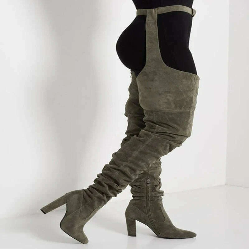 Sestito Women Sexy Side Zipper Thigh High Boots Female Belt Trousers Boots Ladies Flock Pointed Toe Suqare High Heels Boots - Image 7