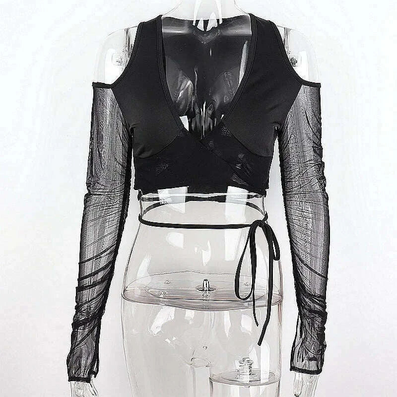 Sexy Black Crop Tops Streetwear Women Fashion 2024 Lace Up Bandage V Neck Cut Out Long Sleeve T Shirts - Image 12