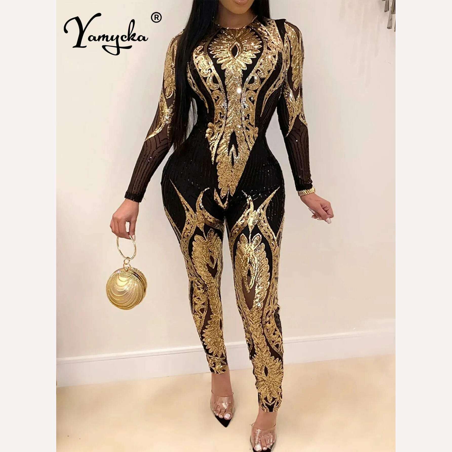 Sexy Long sleeve Sequin bodycon jumpsuit women body bodysuit one piece birthday party nightclub outfits womens jumpsuits overall - Image 3