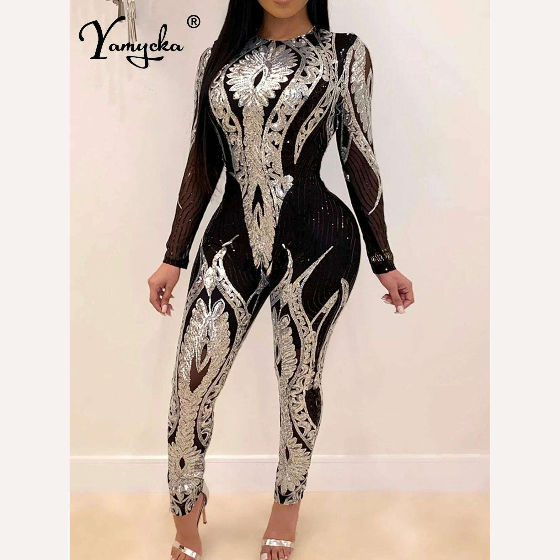 Sexy Long sleeve Sequin bodycon jumpsuit women body bodysuit one piece birthday party nightclub outfits womens jumpsuits overall - Image 8