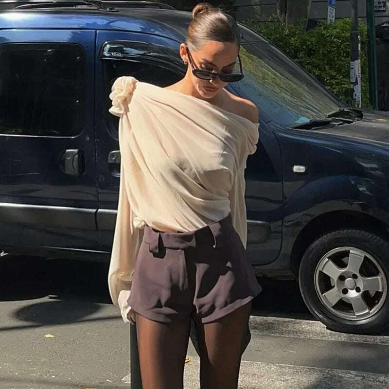 Skew Collar Floral Applique Mesh Chiffon Tops for Women Elegant Fashion Club Cropped Tops See Through Pullover New - Image 3