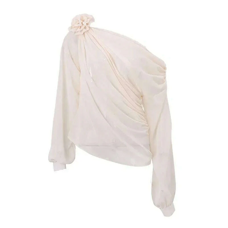 Skew Collar Floral Applique Mesh Chiffon Tops for Women Elegant Fashion Club Cropped Tops See Through Pullover New - Image 6