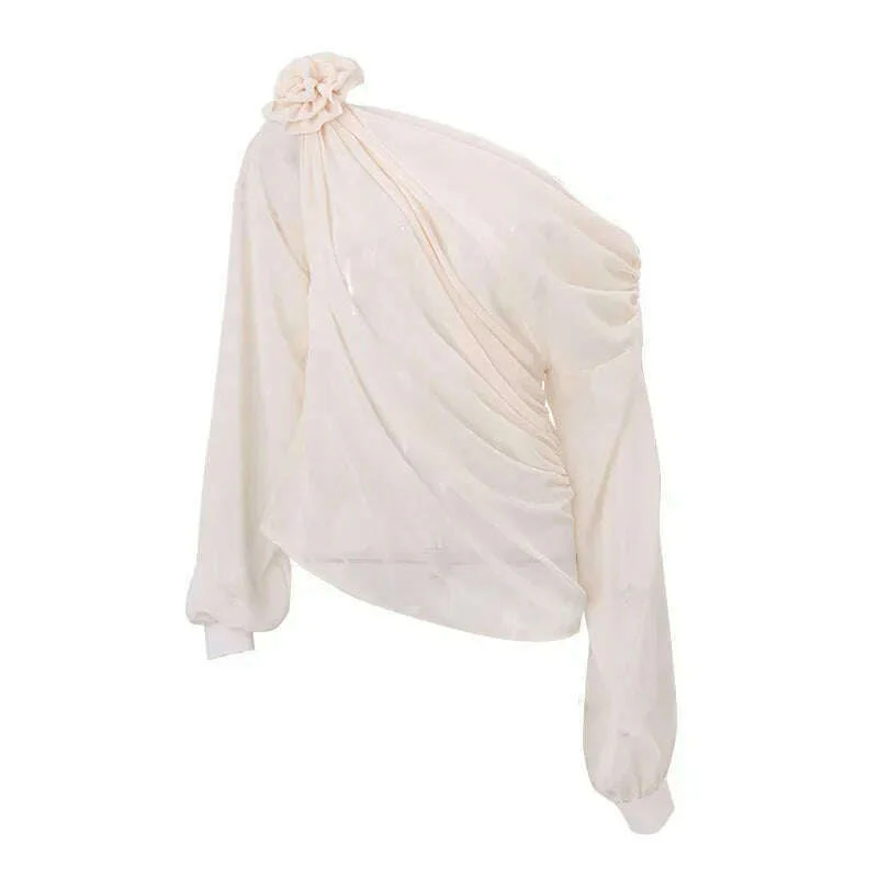 Skew Collar Floral Applique Mesh Chiffon Tops for Women Elegant Fashion Club Cropped Tops See Through Pullover New - Image 7