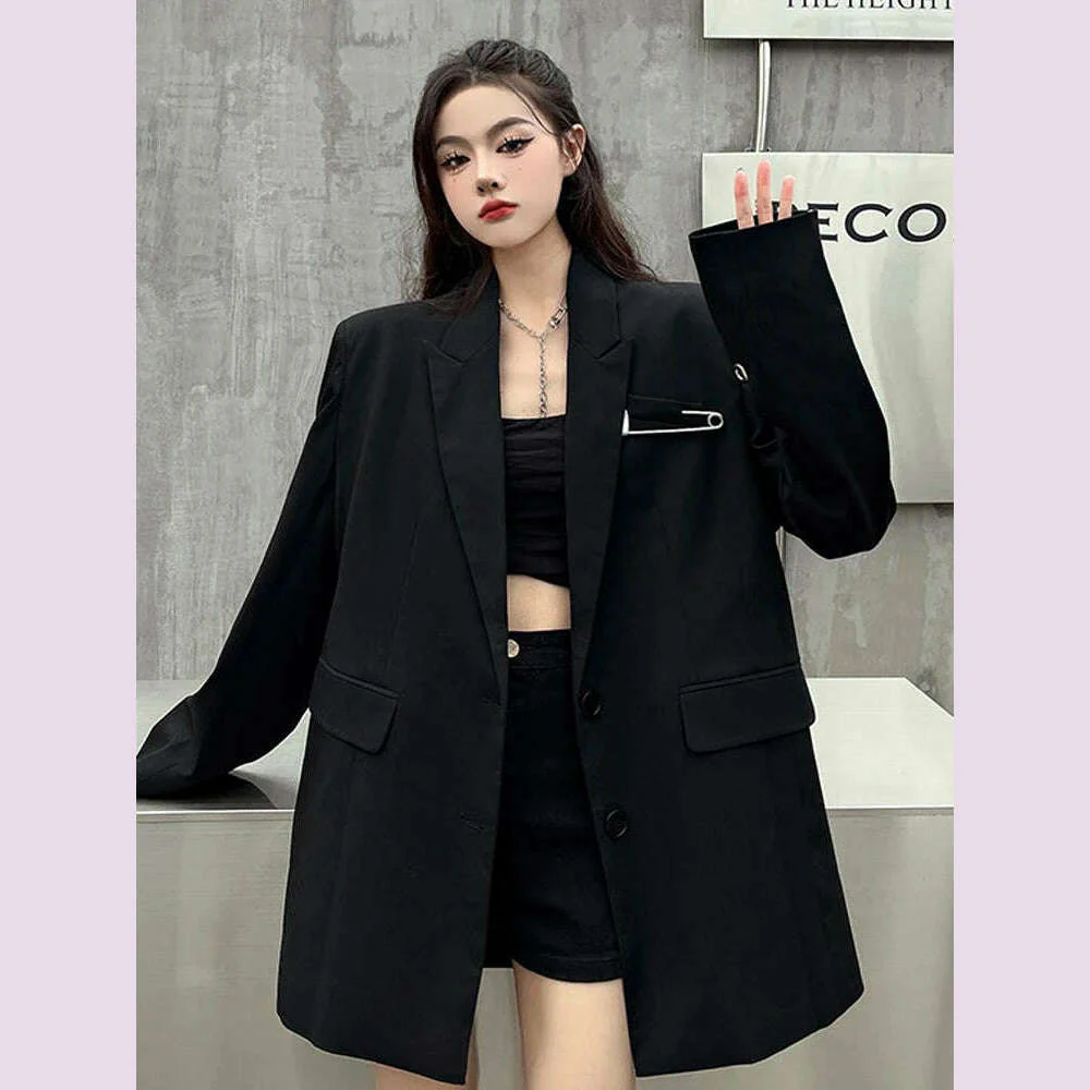 SONNEESD Streetwear Harajuku Style Fashion Neutral Coat Vintage Personality Pin Design Loose Black Stereo Cutting Suit Coat - Image 3