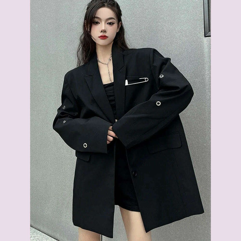 SONNEESD Streetwear Harajuku Style Fashion Neutral Coat Vintage Personality Pin Design Loose Black Stereo Cutting Suit Coat - Image 4