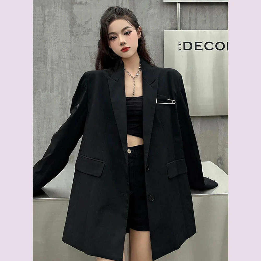 SONNEESD Streetwear Harajuku Style Fashion Neutral Coat Vintage Personality Pin Design Loose Black Stereo Cutting Suit Coat - Image 5