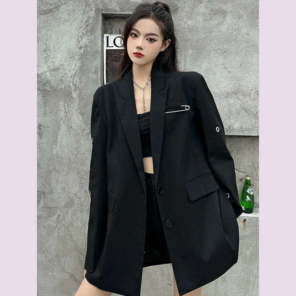 SONNEESD Streetwear Harajuku Style Fashion Neutral Coat Vintage Personality Pin Design Loose Black Stereo Cutting Suit Coat - Image 6
