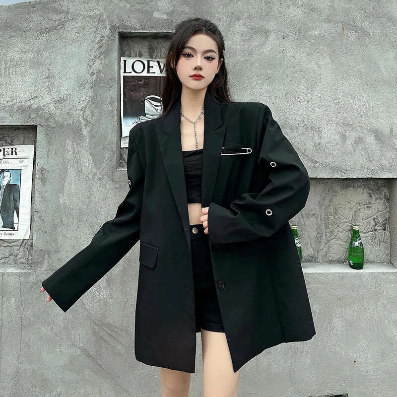 SONNEESD Streetwear Harajuku Style Fashion Neutral Coat Vintage Personality Pin Design Loose Black Stereo Cutting Suit Coat - Image 7