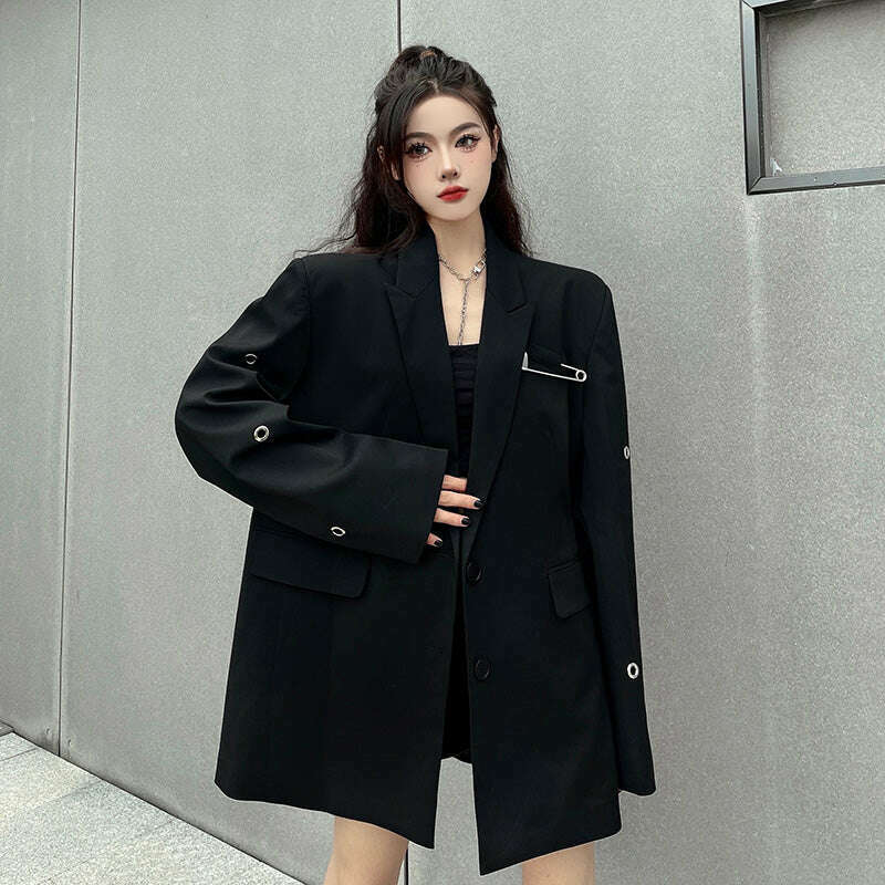 SONNEESD Streetwear Harajuku Style Fashion Neutral Coat Vintage Personality Pin Design Loose Black Stereo Cutting Suit Coat - Image 8