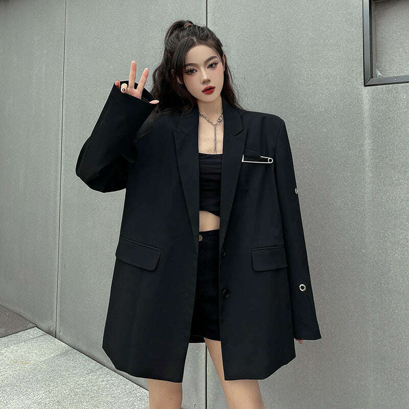 SONNEESD Streetwear Harajuku Style Fashion Neutral Coat Vintage Personality Pin Design Loose Black Stereo Cutting Suit Coat - Image 9