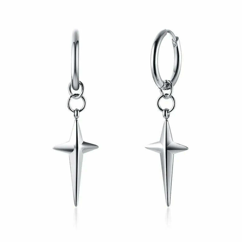 Stainless Steel Four Pointed North Star Huggie Hoops Earrings For Men Piercing Or No Piercing Cross Jewelry Gift For Her Him - Image 10