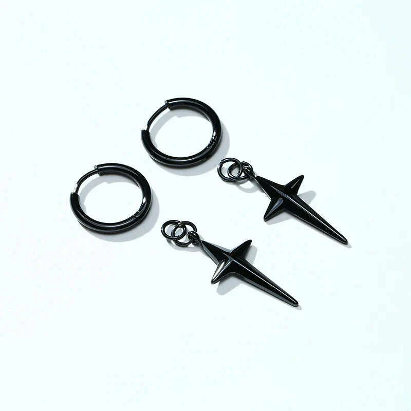 Stainless Steel Four Pointed North Star Huggie Hoops Earrings For Men Piercing Or No Piercing Cross Jewelry Gift For Her Him - Image 3