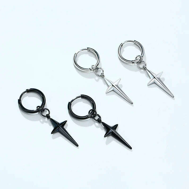Stainless Steel Four Pointed North Star Huggie Hoops Earrings For Men Piercing Or No Piercing Cross Jewelry Gift For Her Him - Image 5