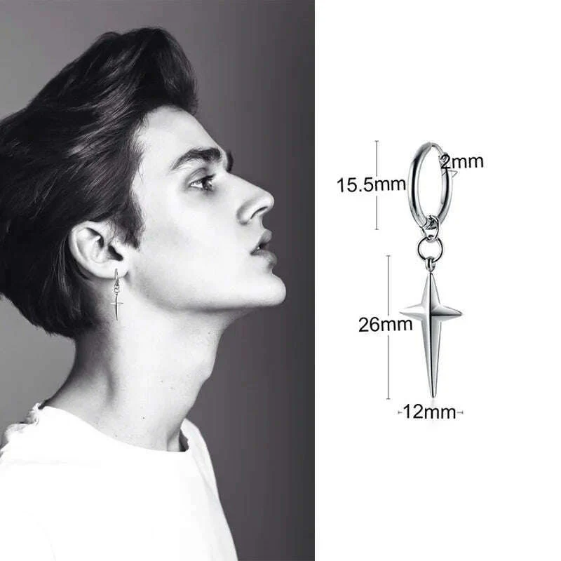 Stainless Steel Four Pointed North Star Huggie Hoops Earrings For Men Piercing Or No Piercing Cross Jewelry Gift For Her Him - Image 9