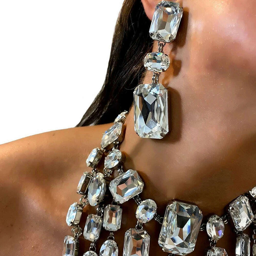 Stonefans Tassel Square Rhinestone Jewelry Set for Women Exaggerate Summer Oversize Accessories Crystal Necklace Earrings Set - Image 3
