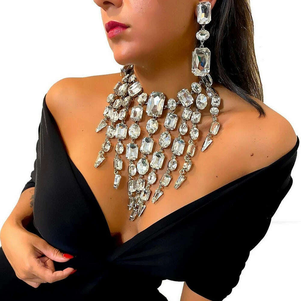 Stonefans Tassel Square Rhinestone Jewelry Set for Women Exaggerate Summer Oversize Accessories Crystal Necklace Earrings Set - Image 4